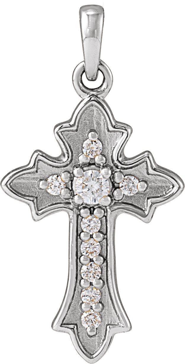 14K Gold Round Natural Diamond Vintage-Inspired Cross Necklace or Pendant – 0.08 CTW - White Gold