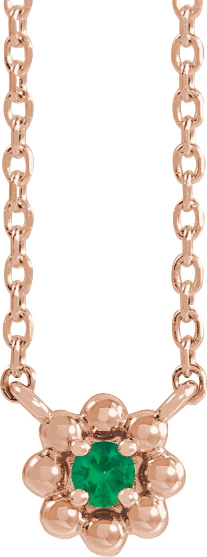 14K Gold Round Natural Emerald Accented Beaded Necklace - Rose Gold