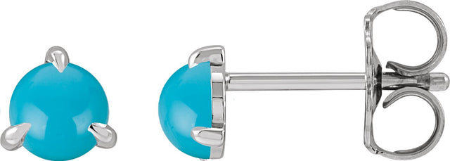 14K Gold Natural Turquoise Round 3-Prong Claw Rose-Cut Stud Earrings - White Gold