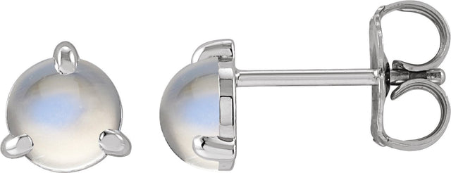 14K Gold Natural Rainbow Moonstone Round 3-Prong Claw Rose-Cut Stud Earrings - White Gold
