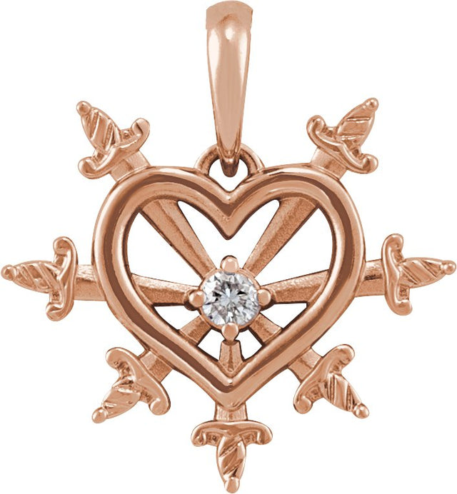 14K Gold Round Natural Diamond Heart & Daggers Necklace or Pendant - Rose Gold