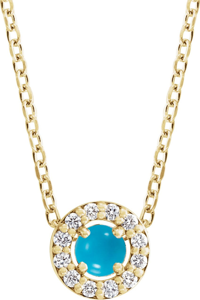 14K Gold Round Natural Turquoise Halo-Style Rose-Cut Necklace or Pendant - Yellow Gold