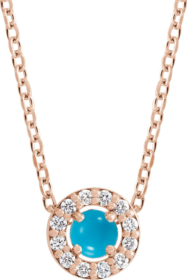 14K Gold Round Natural Turquoise Halo-Style Rose-Cut Necklace or Pendant - Rose Gold