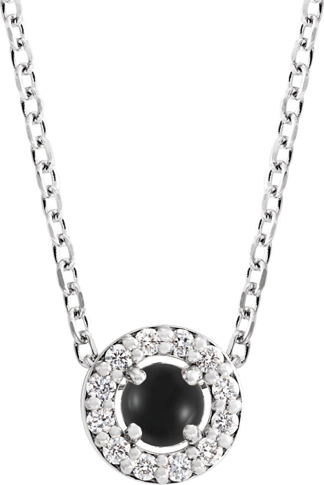14K Gold Round Natural Black Onyx Halo-Style Rose-Cut Necklace or Pendant - White Gold