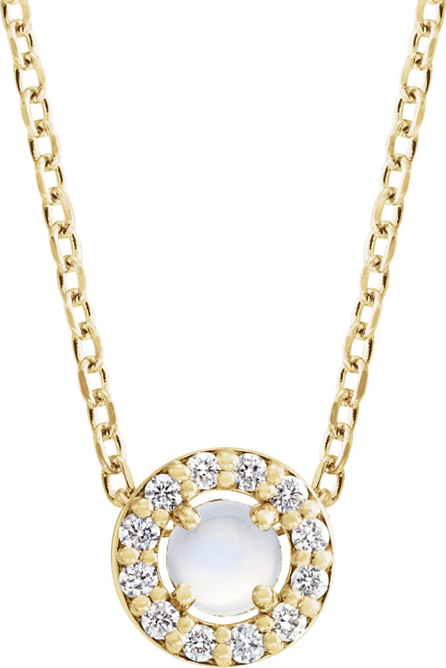 14K Gold Round Natural Rainbow Moonstone Halo-Style Rose-Cut Necklace or Pendant - Yellow Gold