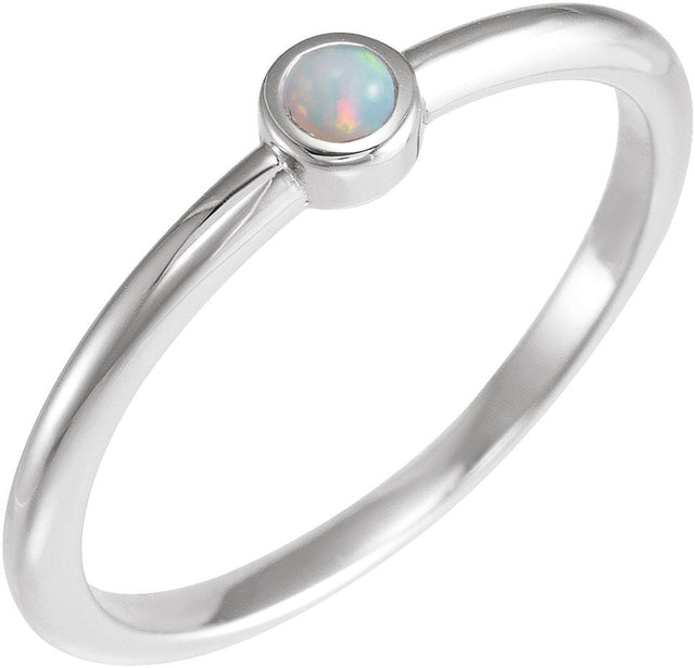 14K Gold Round Natural White Opal Bezel-Set Stackable Ring - White Gold