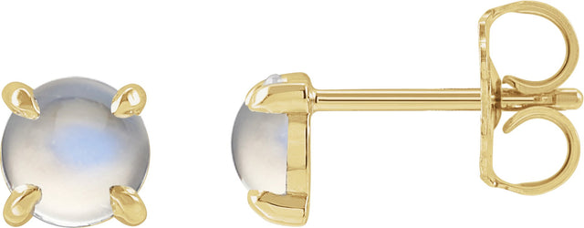 14K Gold Natural Rainbow Moonstone Round 4-Prong Claw Rose-Cut Stud Earrings - Yellow Gold
