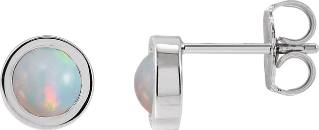 14K Gold Natural White Opal Round Bezel-Set Rose-Cut Stud Earrings - White Gold