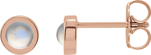 14K Gold Natural Rainbow Moonstone Round Bezel-Set Rose-Cut Stud Earrings - Rose Gold