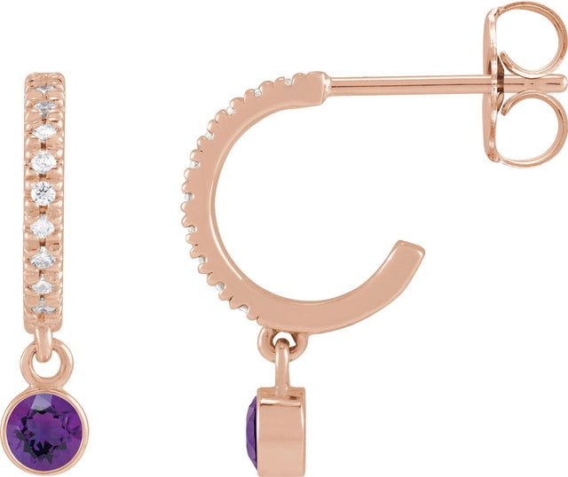 14K Gold Round Natural Amethyst French-Set Hoop Earrings - Rose Gold