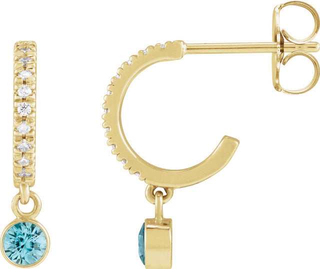 14K Gold Round Natural Aquamarine French-Set Hoop Earrings - Yellow Gold
