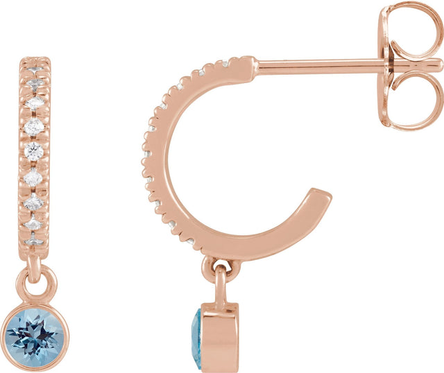 14K Gold Round Natural Aquamarine French-Set Hoop Earrings - Rose Gold
