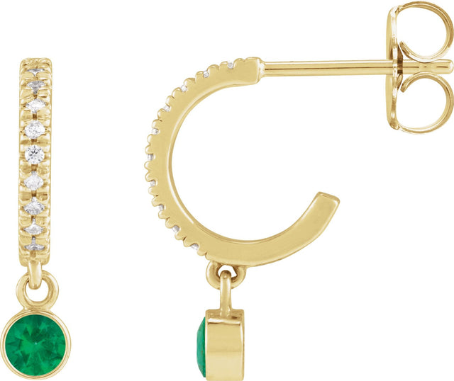 14K Gold Round Lab-Grown Emerald French-Set Hoop Earrings - Yellow Gold