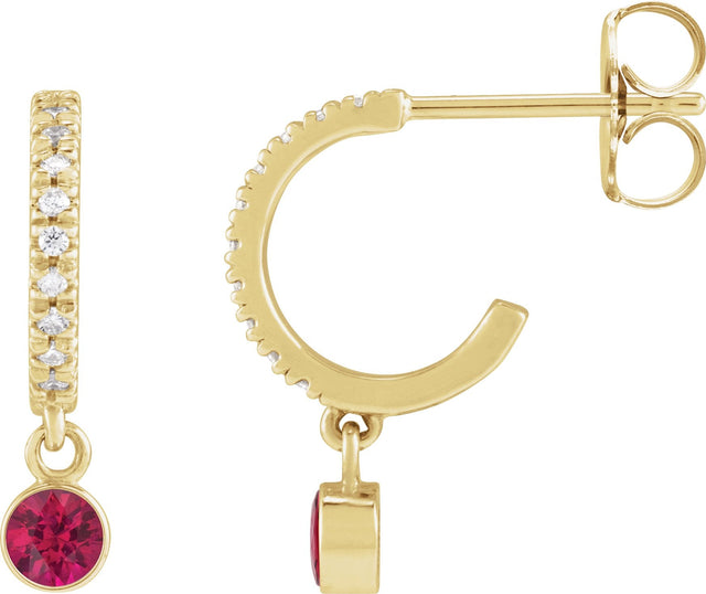 14K Gold Round Lab-Grown Ruby French-Set Hoop Earrings - Yellow Gold