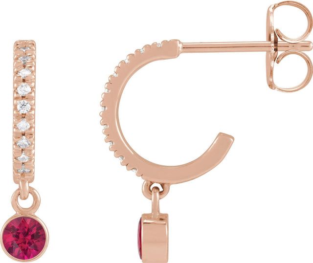14K Gold Round Natural Ruby French-Set Hoop Earrings - Rose Gold