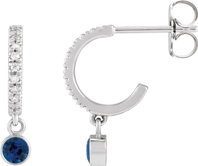 14K Gold Round Natural Blue Sapphire French-Set Hoop Earrings - White Gold