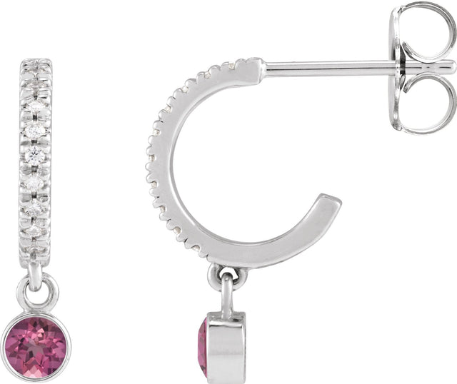 14K Gold Round Natural Pink Tourmaline French-Set Hoop Earrings - White Gold