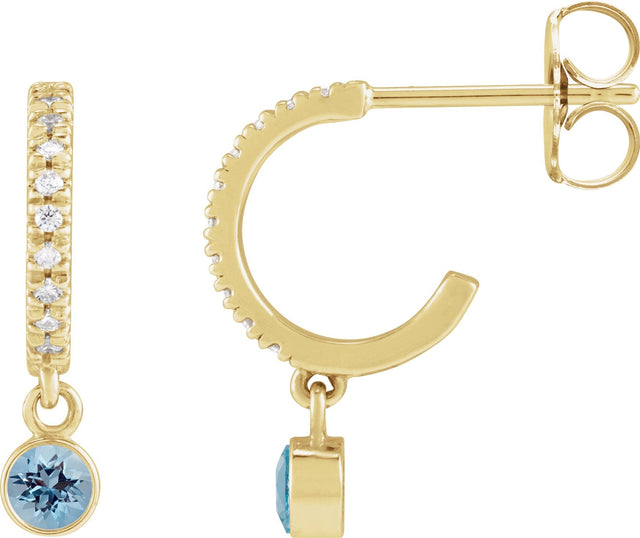 14K Gold Round Natural Blue Zircon French-Set Hoop Earrings - Yellow Gold