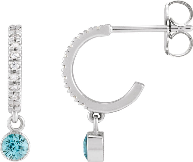 14K Gold Round Natural Blue Zircon French-Set Hoop Earrings - White Gold