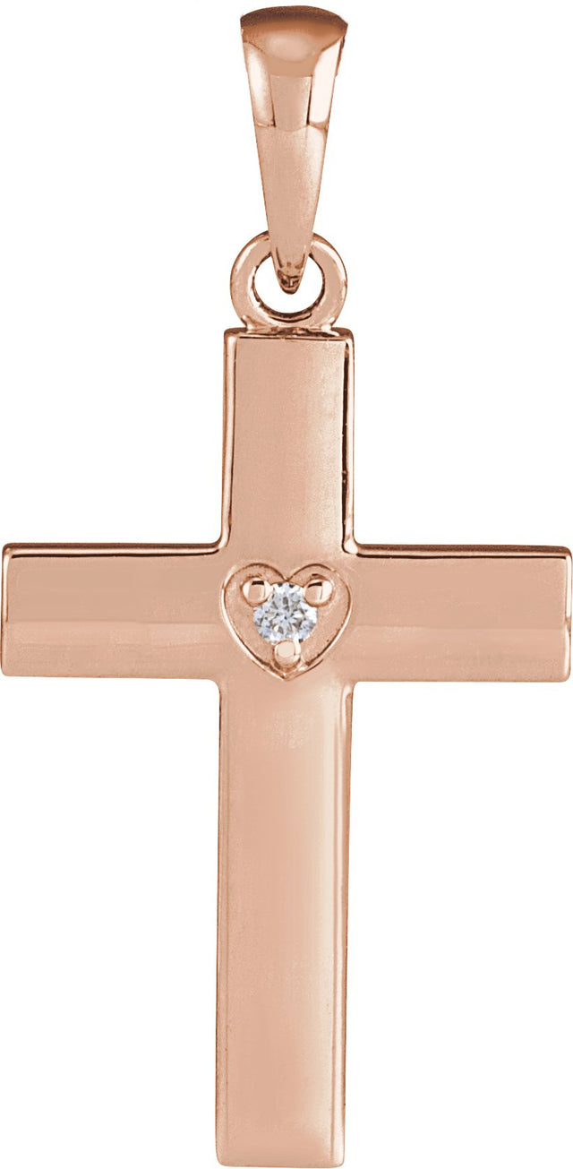14K Gold Round Natural Diamond Engravable Cross Necklace or Pendant - Rose Gold