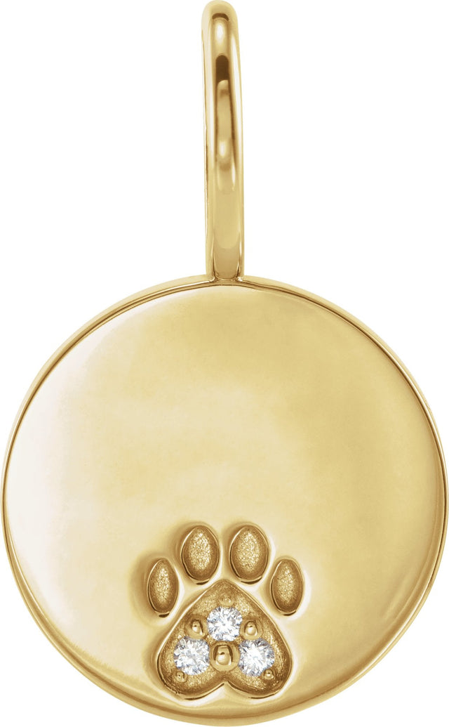 14K Gold Round Natural Diamond Engraved Paw Print Pendant - Yellow Gold