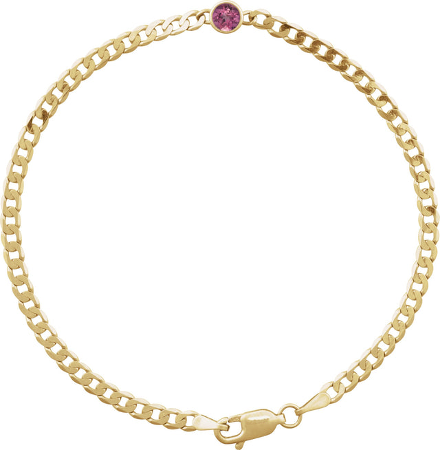 14K Gold Round Natural Pink Tourmaline Bezel-Set Solitaire Curb Link Bracelet