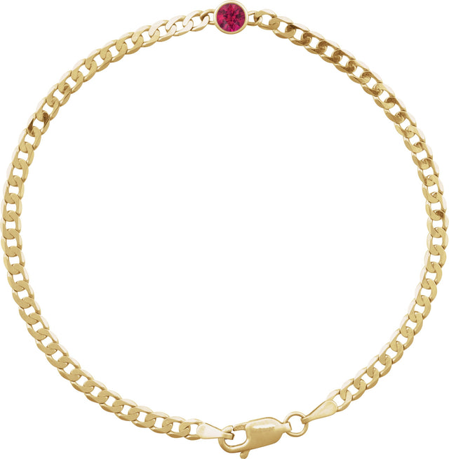 14K Gold Round Natural Ruby Bezel-Set Solitaire Curb Link Bracelet