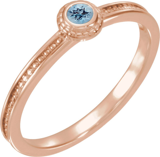 14K Gold Round Natural Aquamarine Family Stackable Ring – 3mm Stones - Rose Gold