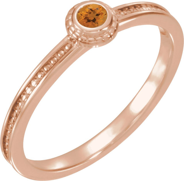 14K Gold Round Natural Citrine Family Stackable Ring – 3mm Stones - Rose Gold