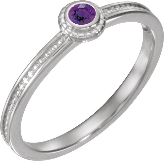 14K Gold Round Natural Amethyst Family Stackable Ring – 3mm Stones - White Gold