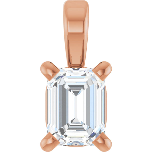 14K Gold Natural Diamond Emerald 4-Prong Solitaire Pendant - Rose Gold