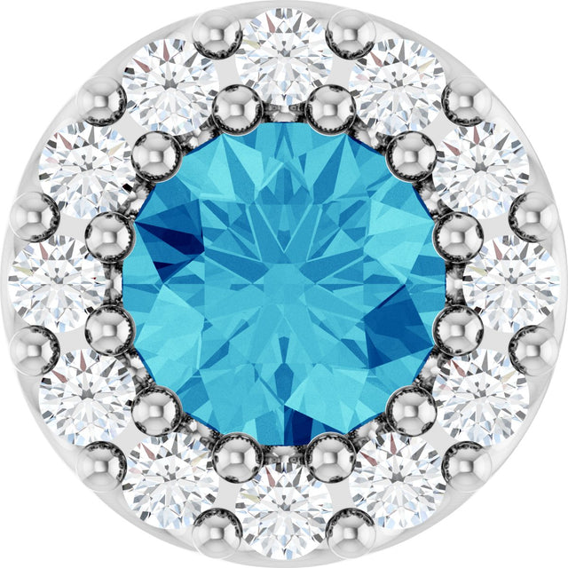 14K Gold Round Natural Blue Zircon Halo-Style Pendant - White Gold