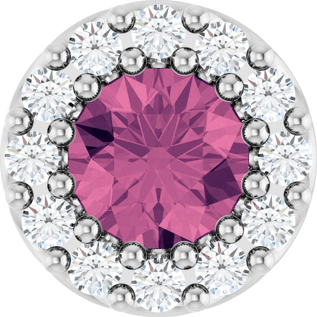 14K Gold Round Natural Pink Tourmaline Halo-Style Pendant - White Gold
