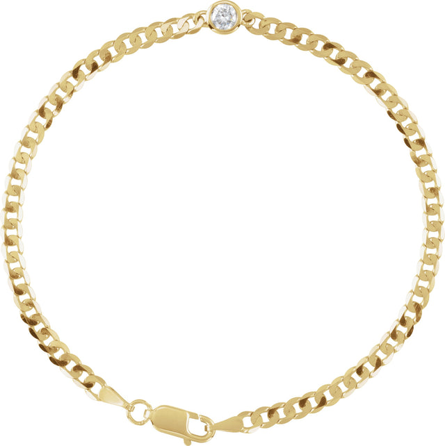 14K Gold Round Natural Diamond Bezel-Set Solitaire Curb Link Bracelet