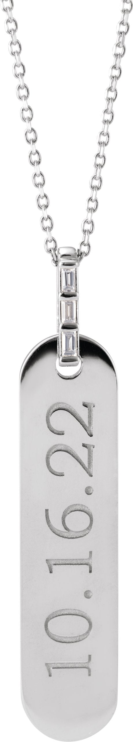 14K Gold Straight Baguette Natural Diamond Engravable Accented Bar Necklace - White Gold