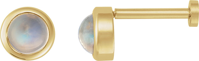 14K Gold Natural Rainbow Moonstone Round Rose-Cut Bezel-Set Earrings - Yellow Gold