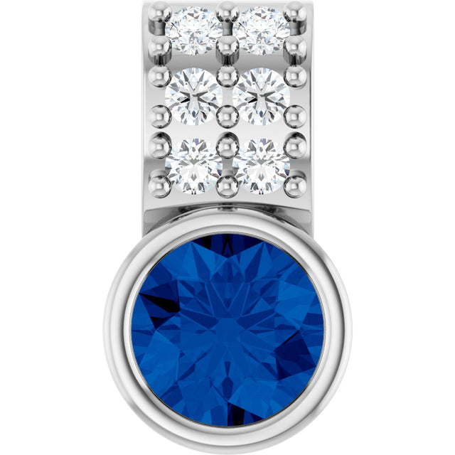 14K Gold Round Lab-Grown Blue Sapphire Accented Bezel-Set Pendant - White Gold