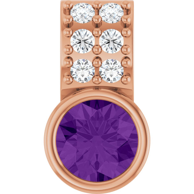 14K Gold Round Natural Amethyst Accented Bezel-Set Pendant - Rose Gold