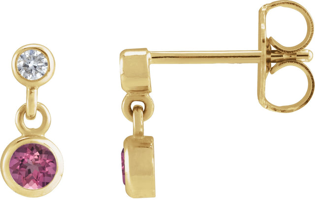14K Gold Round Natural Pink Tourmaline Two-Stone Bezel Set Earrings - Yellow Gold