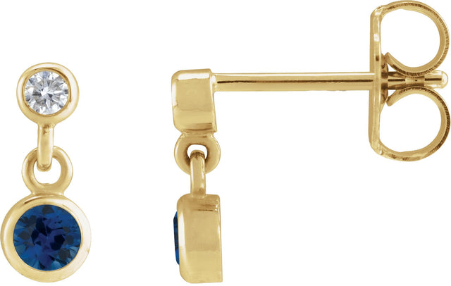 14K Gold Round Lab-Grown Blue Sapphire Two-Stone Bezel Set Earrings - Yellow Gold