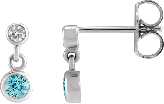 Platinum Round Natural Blue Zircon Two-Stone Bezel Set Earrings