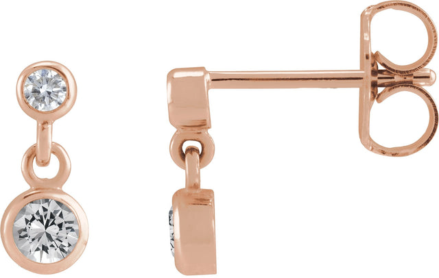 14K Gold Round Natural White Sapphire Two-Stone Bezel Set Earrings - Rose Gold