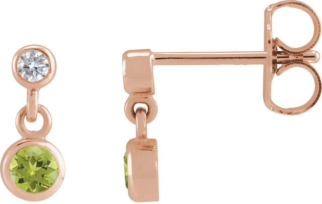 14K Gold Round Natural Peridot Two-Stone Bezel Set Earrings - Rose Gold