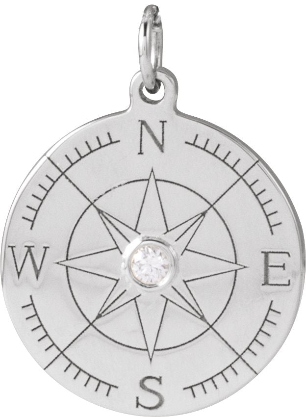 14K Gold Round Natural Diamond Accented Compass Necklace or Pendant - White Gold
