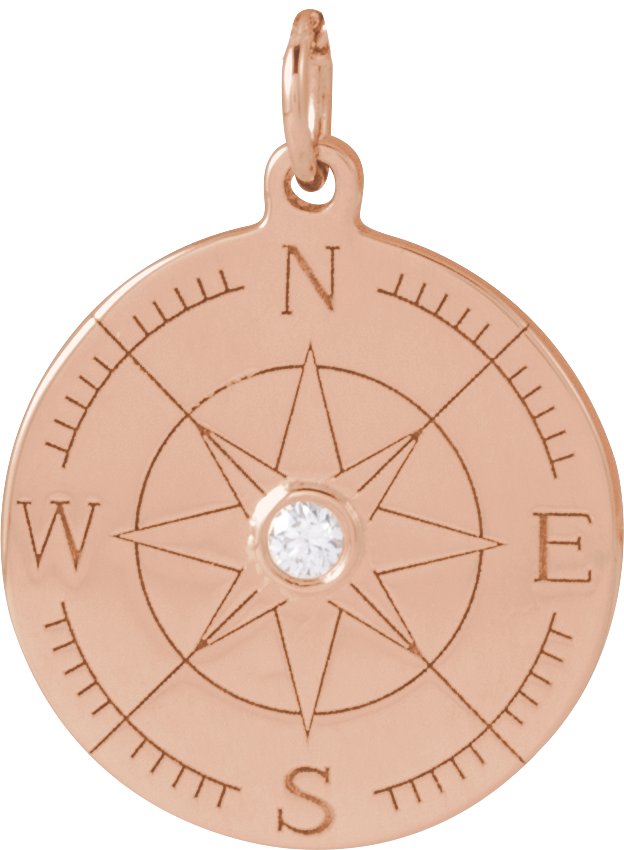 14K Gold Round Natural Diamond Accented Compass Necklace or Pendant - Rose Gold