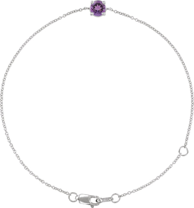 14K Gold Round Natural Amethyst Solitaire Link Bracelet - White Gold