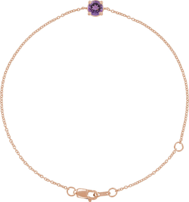 14K Gold Round Natural Amethyst Solitaire Link Bracelet - Rose Gold
