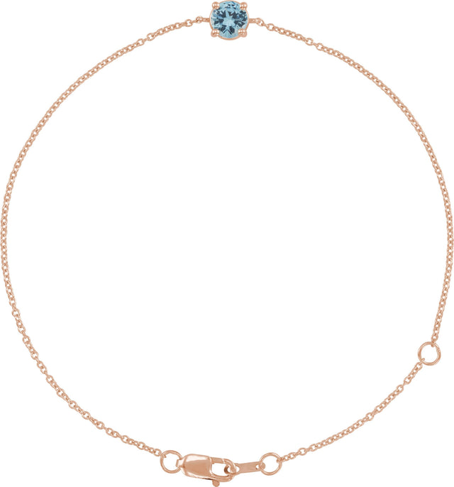 14K Gold Round Natural Aquamarine Solitaire Link Bracelet - Rose Gold