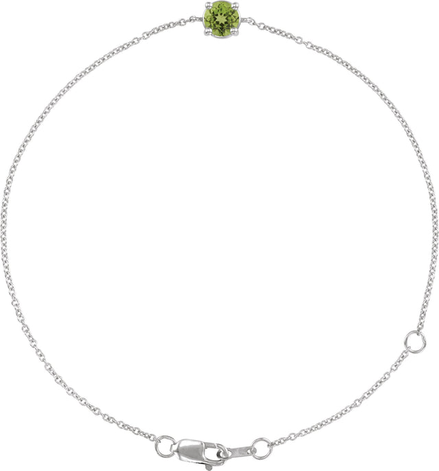 14K Gold Round Natural Peridot Solitaire Link Bracelet - White Gold