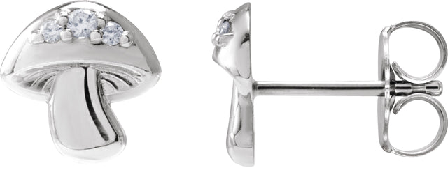 14K Gold Round Natural Diamond Mushroom Stud Earrings - White Gold